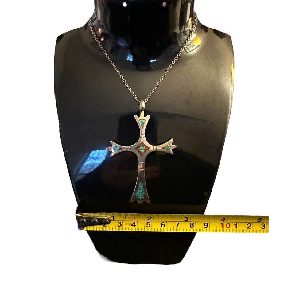 Sterling Native American Cross With Inlaid Red Coral And Turquoise Silver Chain - Picture 6 of 16